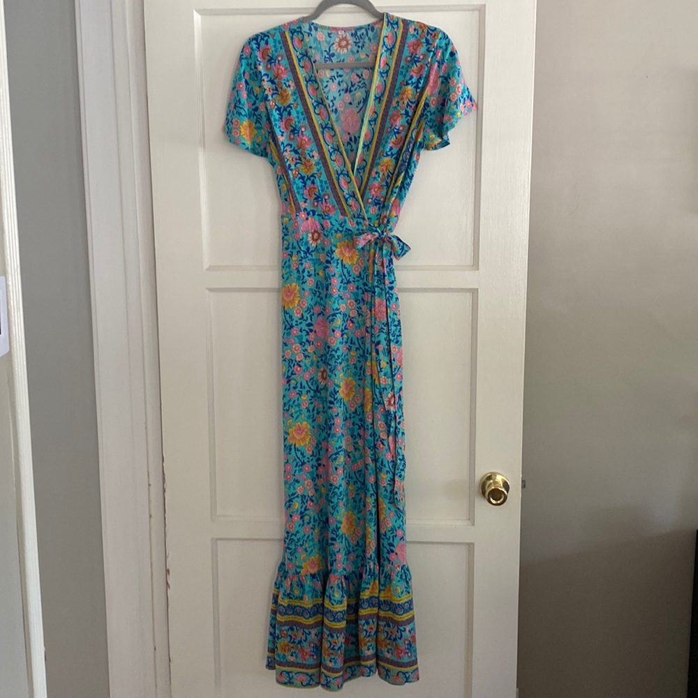 Women's Bohemian Floral Printed Wrap V Neck Short Sleeve Maxi Dress Size M